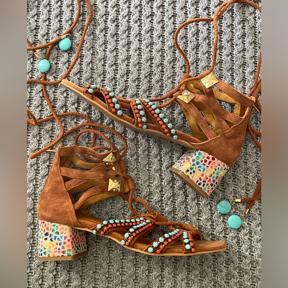 Elina Linardaki Handcrafted in Greece Beaded Gladiator Sandals with Heels - Picture 3 of 5